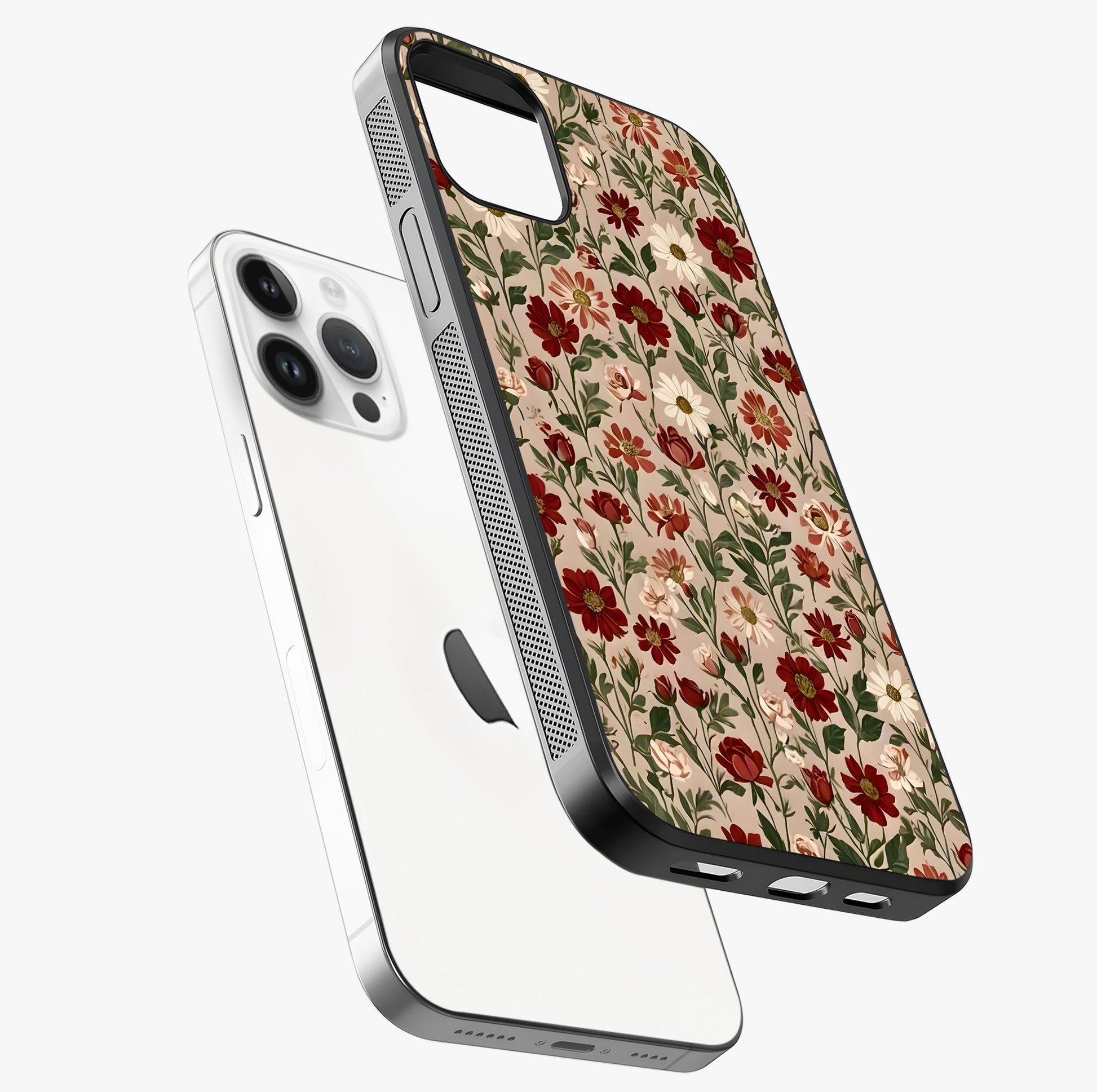 Biege Flower With Leaf Glass Case laid diagonally highlighting side profile, edges and glossy glass shine.