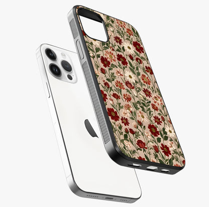 Biege Flower With Leaf Glass Case laid diagonally highlighting side profile, edges and glossy glass shine.
