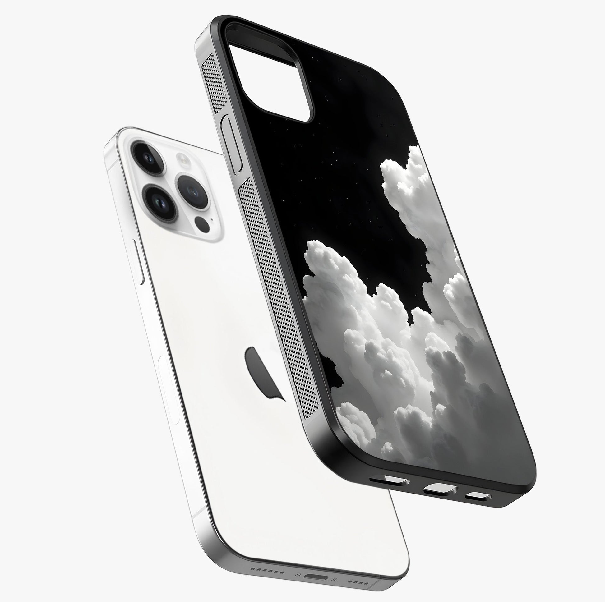 Black Background With White Cloud Glass Case laid diagonally highlighting side profile, edges and glossy glass shine.