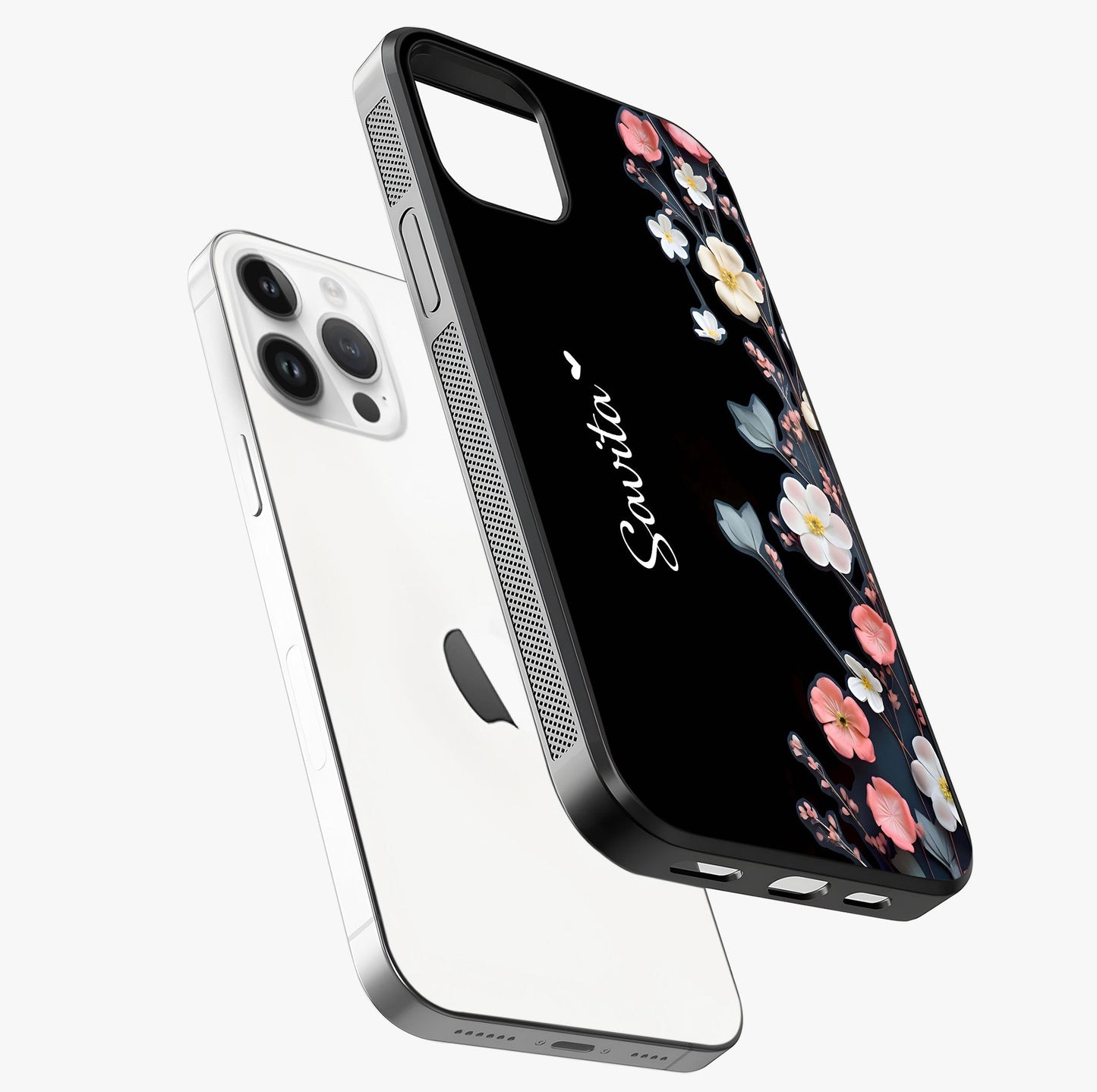 Black Elegance Floral Custom Name Glass Case laid diagonally highlighting side profile, edges and glossy glass shine.