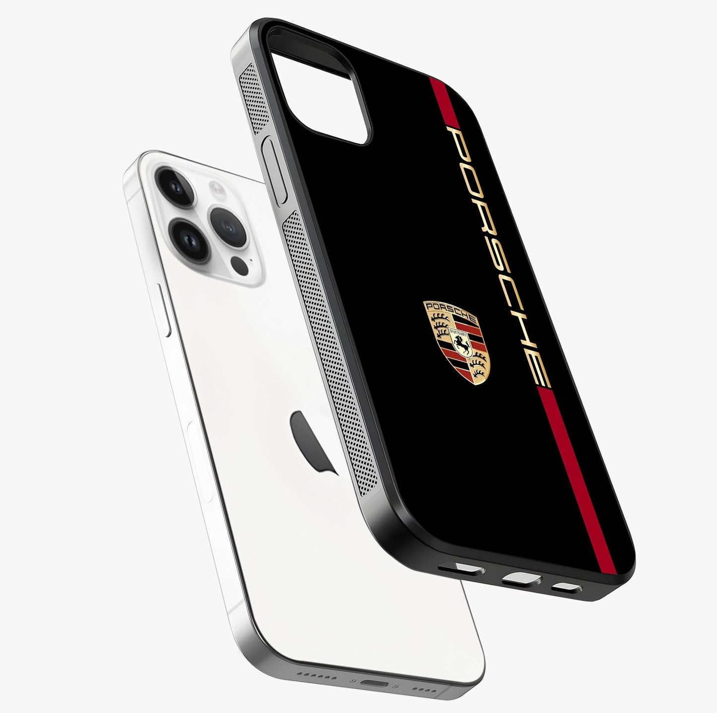 Black Minimal Porsche Glass Case laid diagonally highlighting side profile, edges and glossy glass shine.
