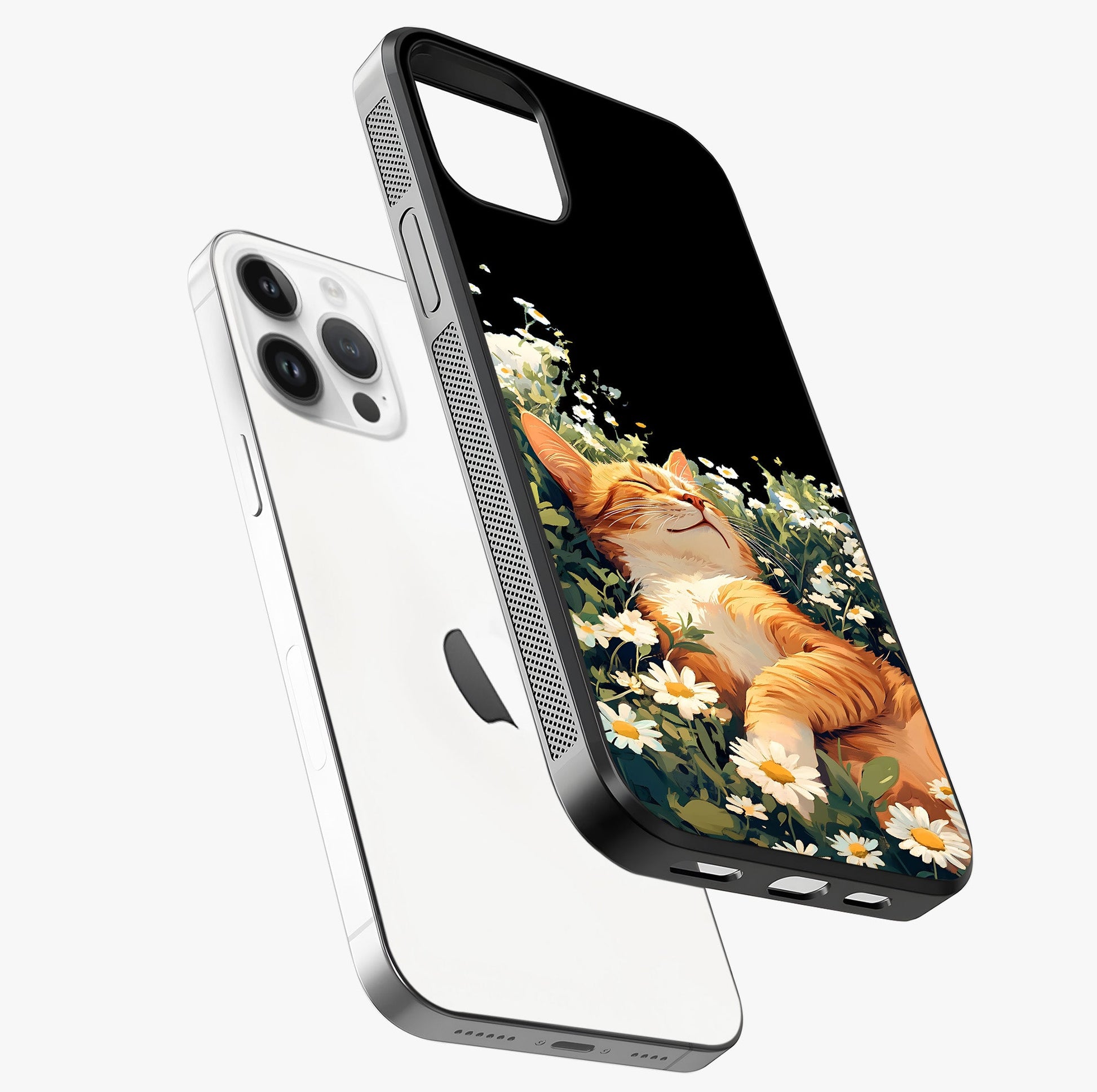 Blissful Bloom Cat Glass Case laid diagonally highlighting side profile, edges and glossy glass shine.