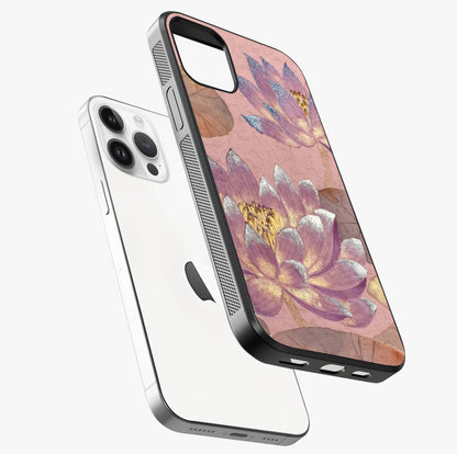 Blossom Mist Lotus Glass Case laid diagonally highlighting side profile, edges and glossy glass shine.