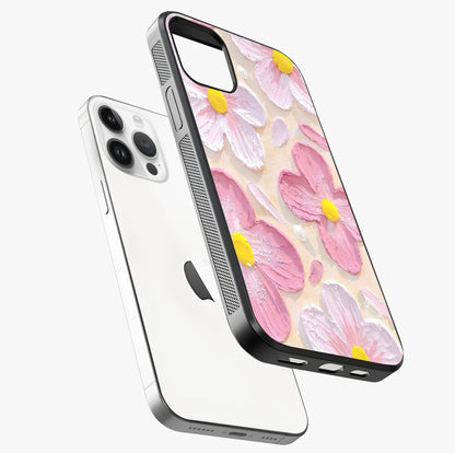 Blush Bloom Texture Glass Case laid diagonally highlighting side profile, edges and glossy glass shine.