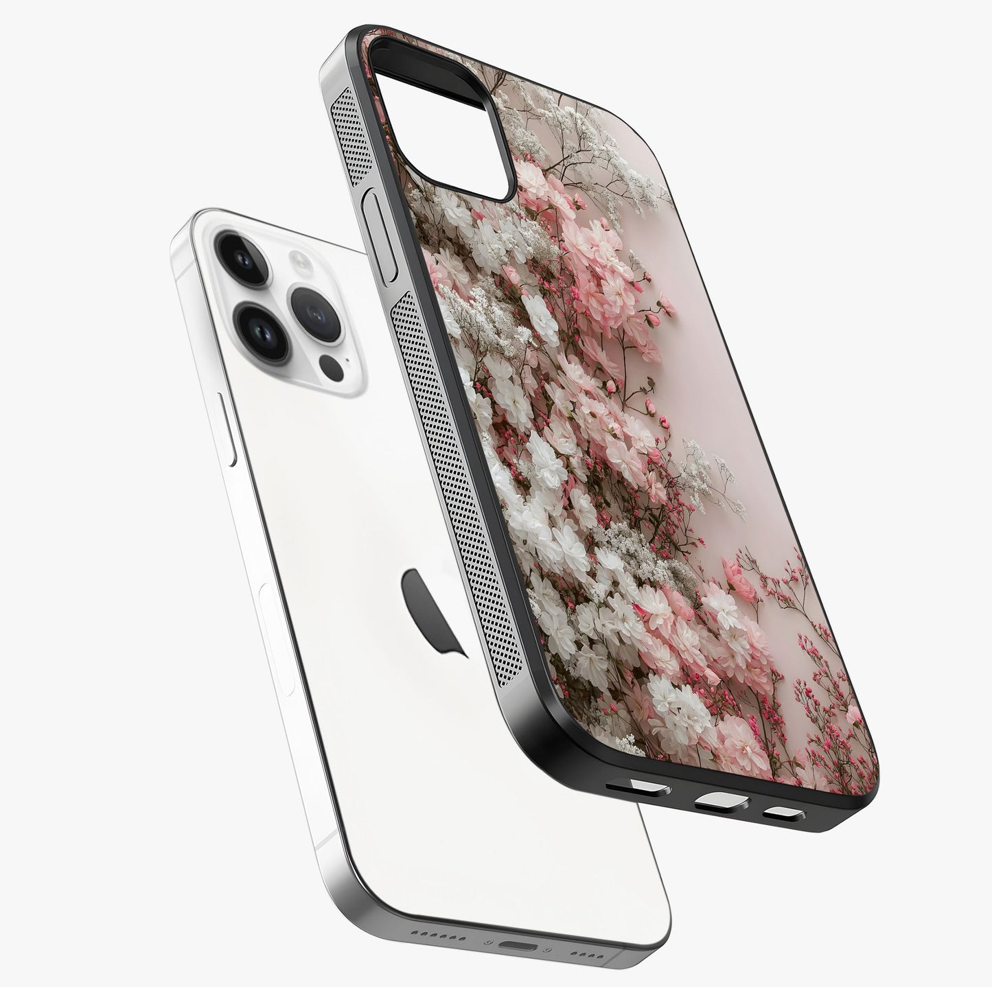 Blush Blossom Cloud Glass Case laid diagonally highlighting side profile, edges and glossy glass shine.