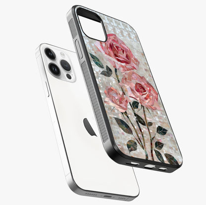 Blush Mosaic Bloom Glass Case laid diagonally highlighting side profile, edges and glossy glass shine.