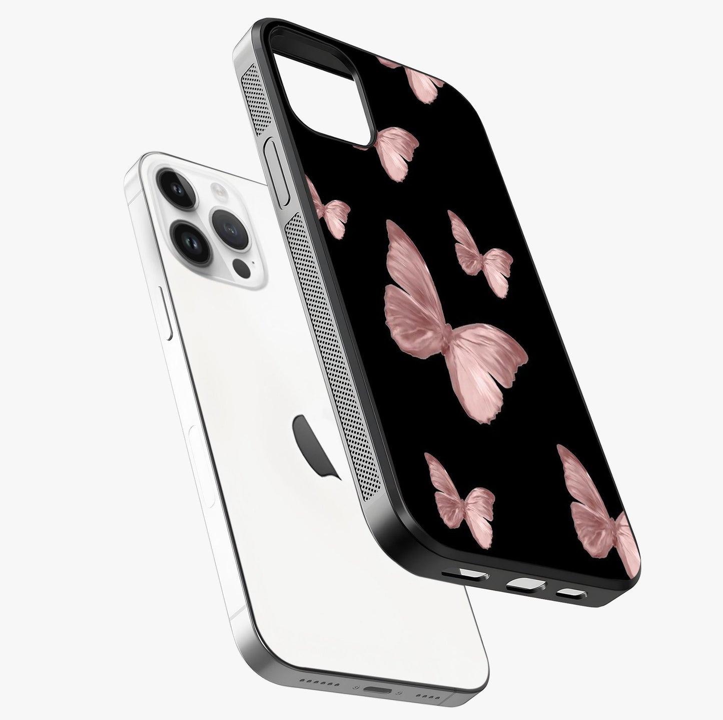 Butterfly Pattern Glass Case laid diagonally highlighting side profile, edges and glossy glass shine.