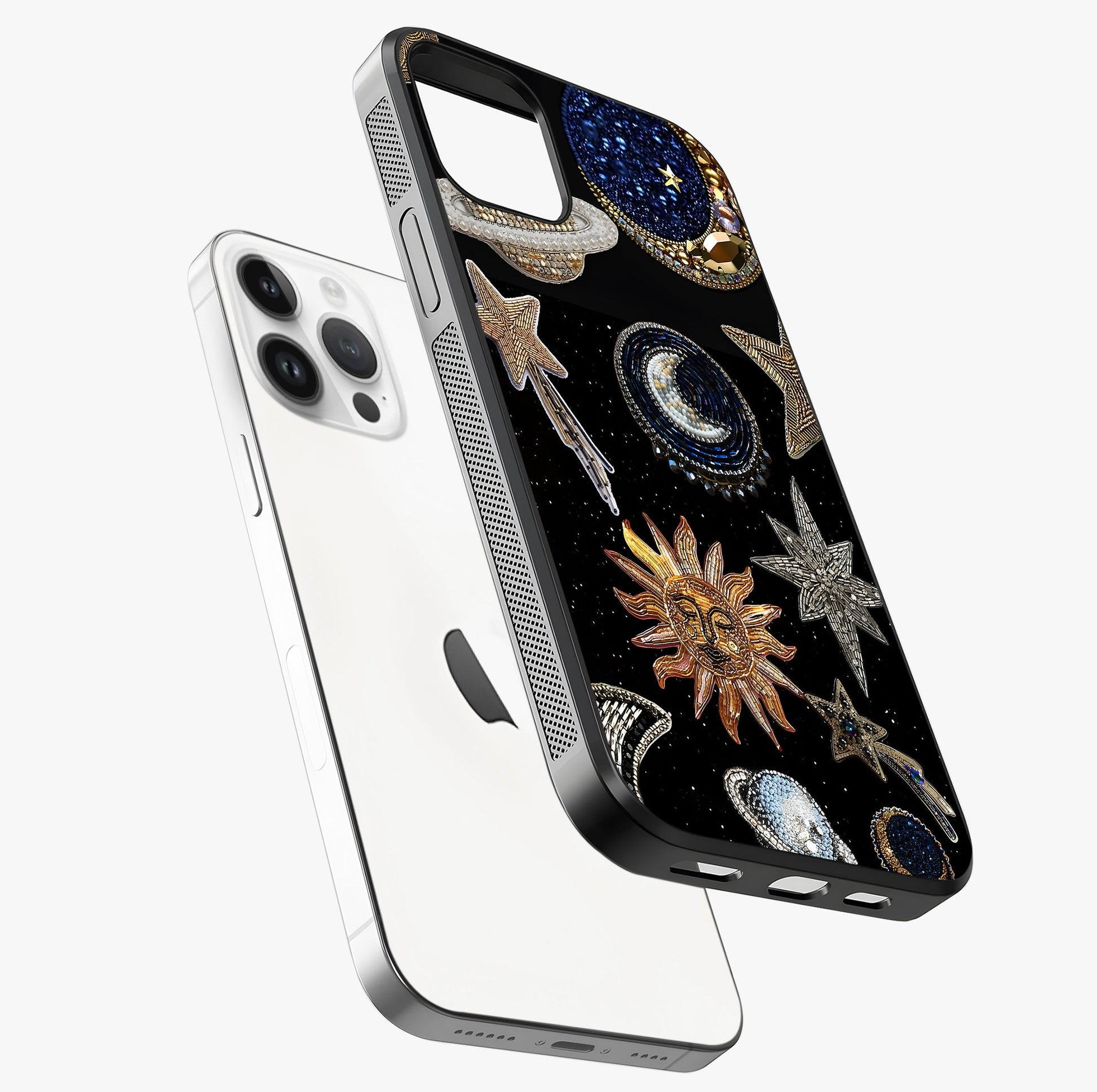 Celestial Gem Constellations Glass Case laid diagonally highlighting side profile, edges and glossy glass shine.