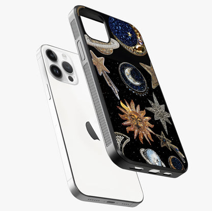 Celestial Gem Constellations Glass Case laid diagonally highlighting side profile, edges and glossy glass shine.