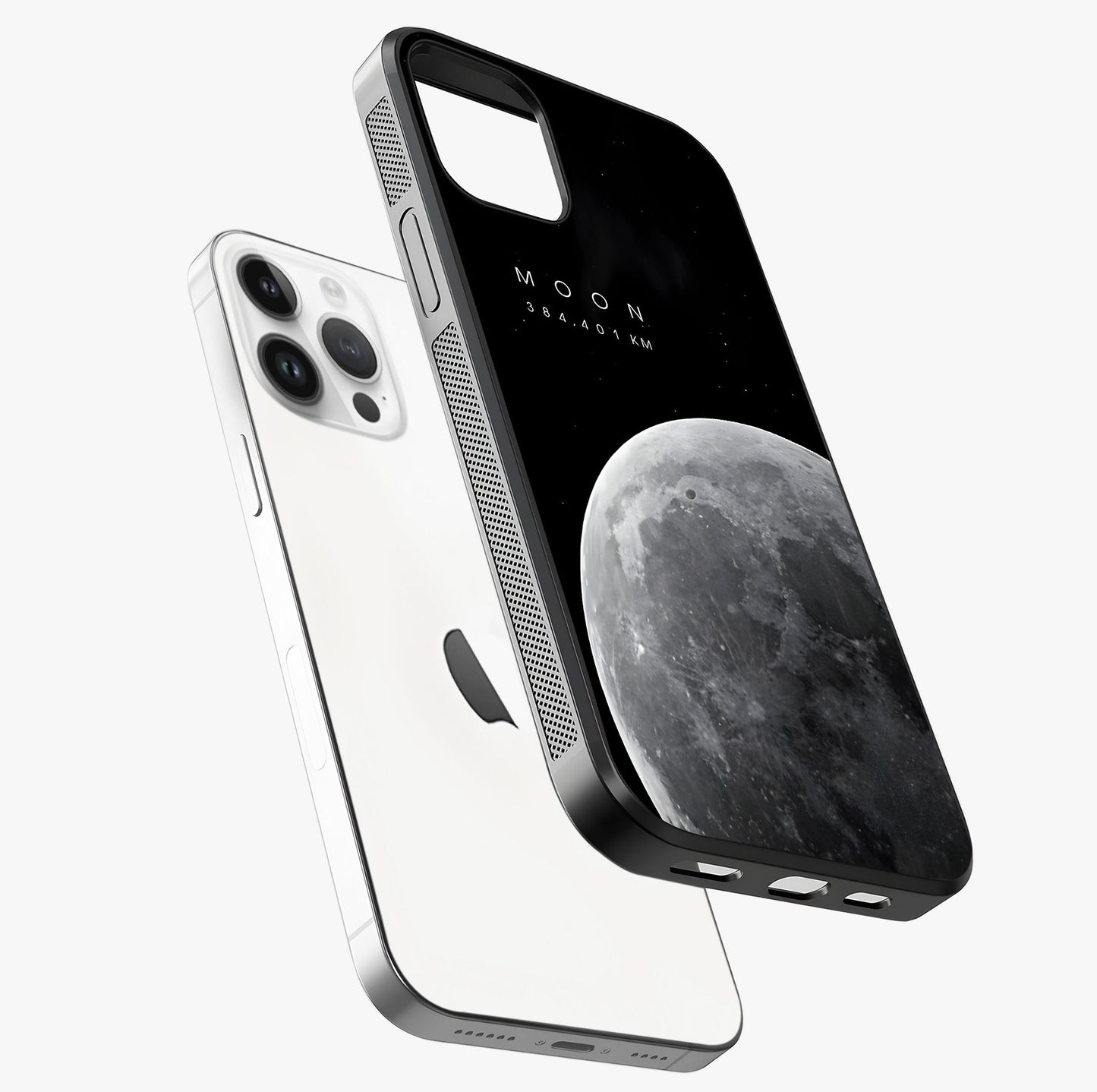 Cosmic Moon Glow Glass Case laid diagonally highlighting side profile, edges and glossy glass shine.