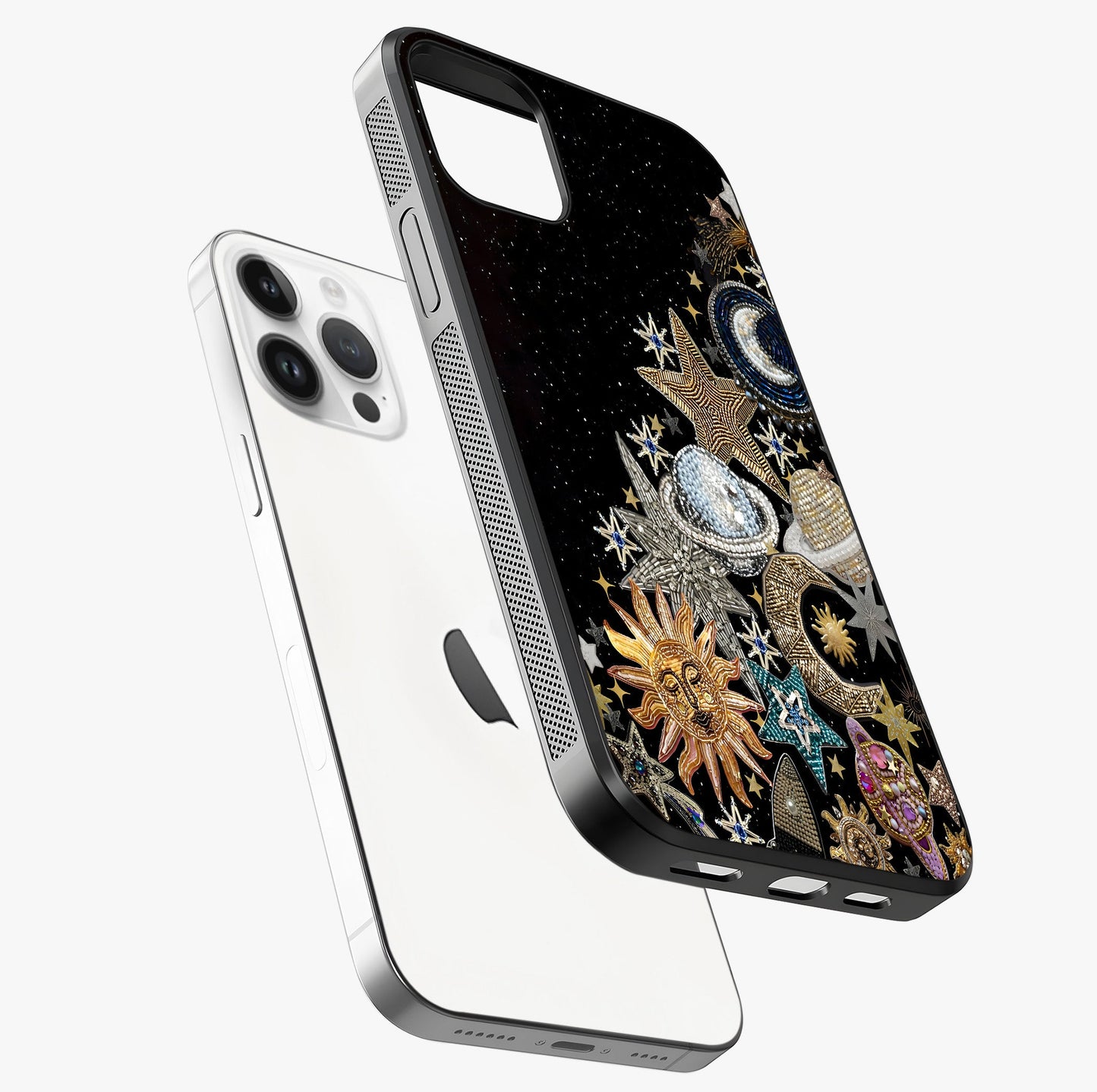 Cosmic Sparkle Dreams Glass Case laid diagonally highlighting side profile, edges and glossy glass shine.