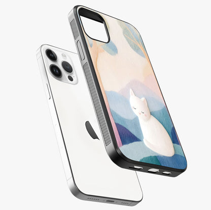 Cotton Dream Cat Glass Case laid diagonally highlighting side profile, edges and glossy glass shine.