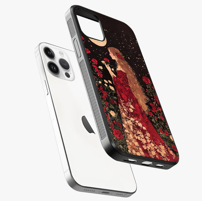 Crimson Dreams Glass Case laid diagonally highlighting side profile, edges and glossy glass shine.