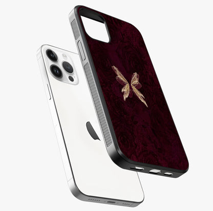 Crimson Fade Butterfly Glass Case laid diagonally highlighting side profile, edges and glossy glass shine.