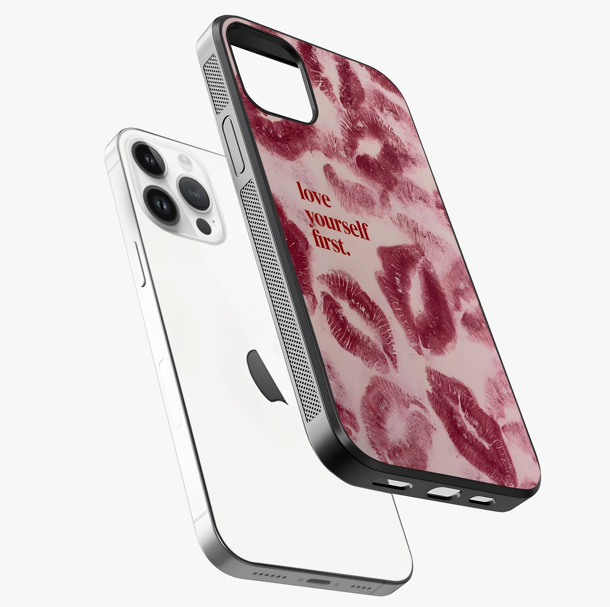 Crimson Kiss Love Glass Case laid diagonally highlighting side profile, edges and glossy glass shine.