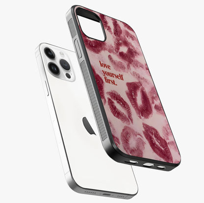 Crimson Kiss Love Glass Case laid diagonally highlighting side profile, edges and glossy glass shine.