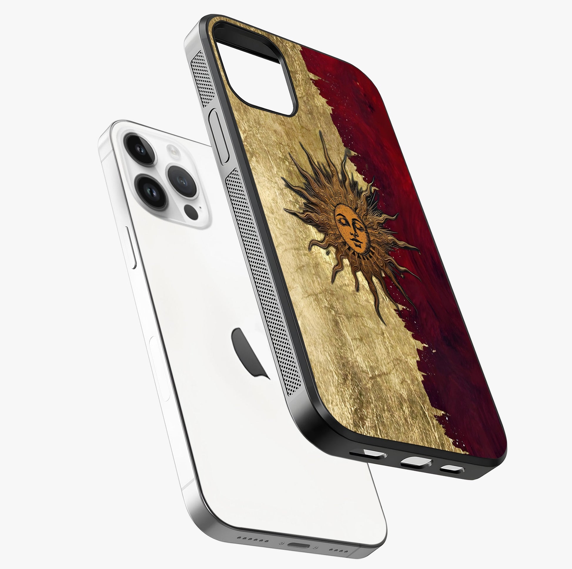 Crimson Sun Majesty Glass Case laid diagonally highlighting side profile, edges and glossy glass shine.