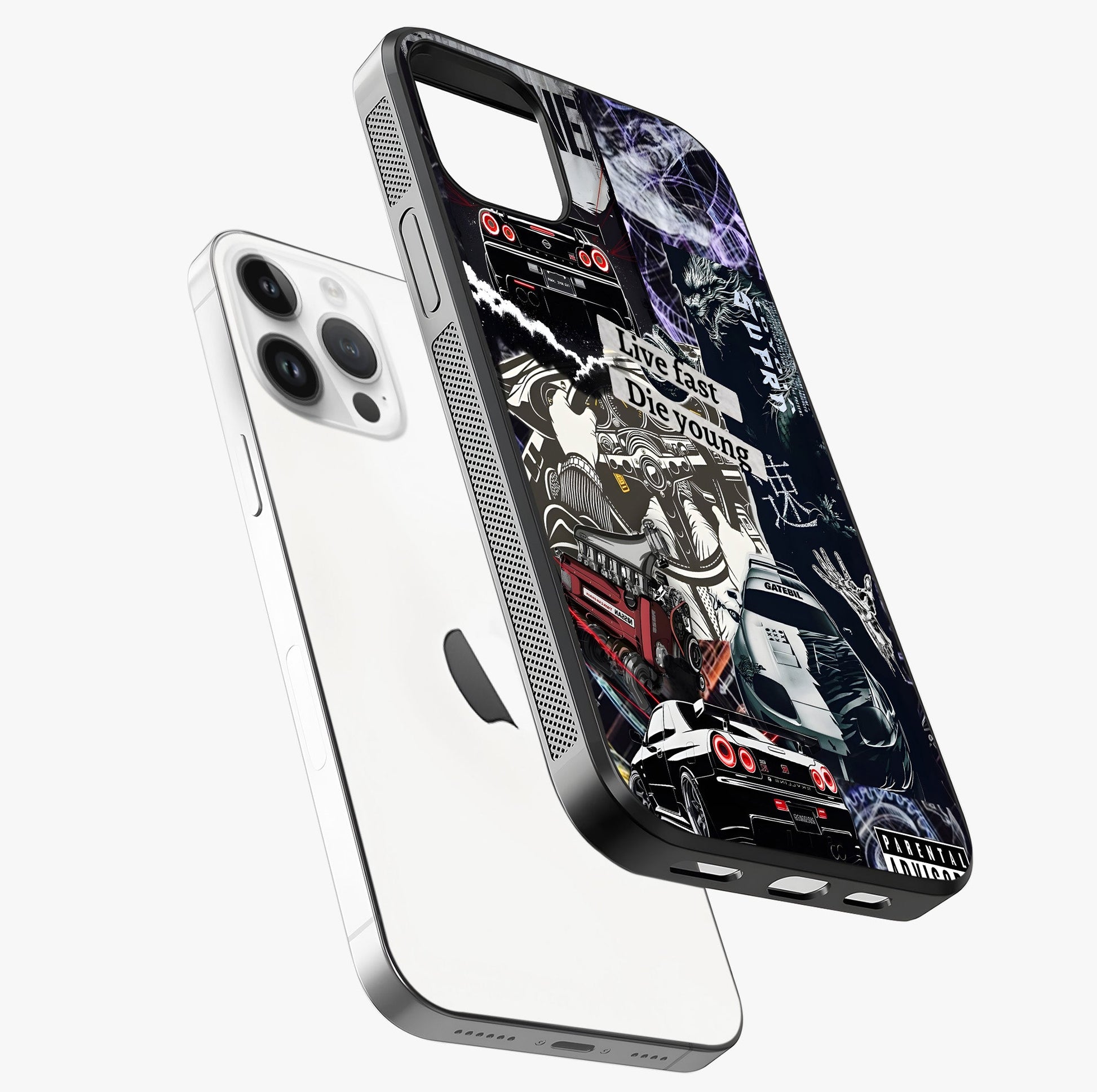 Die Young Glass Case laid diagonally highlighting side profile, edges and glossy glass shine.