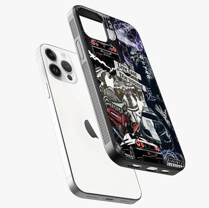 Die Young Glass Case laid diagonally highlighting side profile, edges and glossy glass shine.
