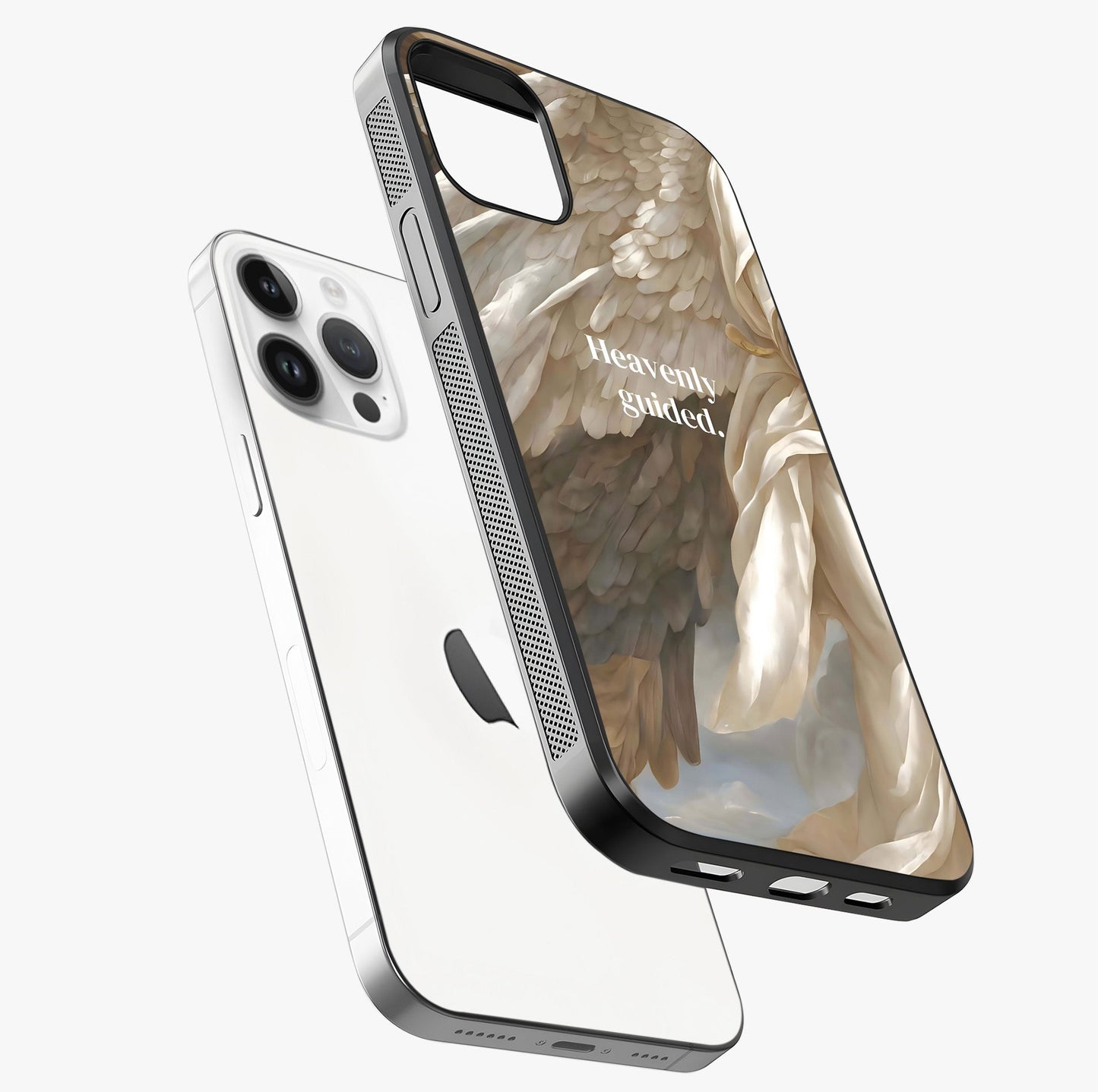 Divine Winged Grace Glass Case laid diagonally highlighting side profile, edges and glossy glass shine.