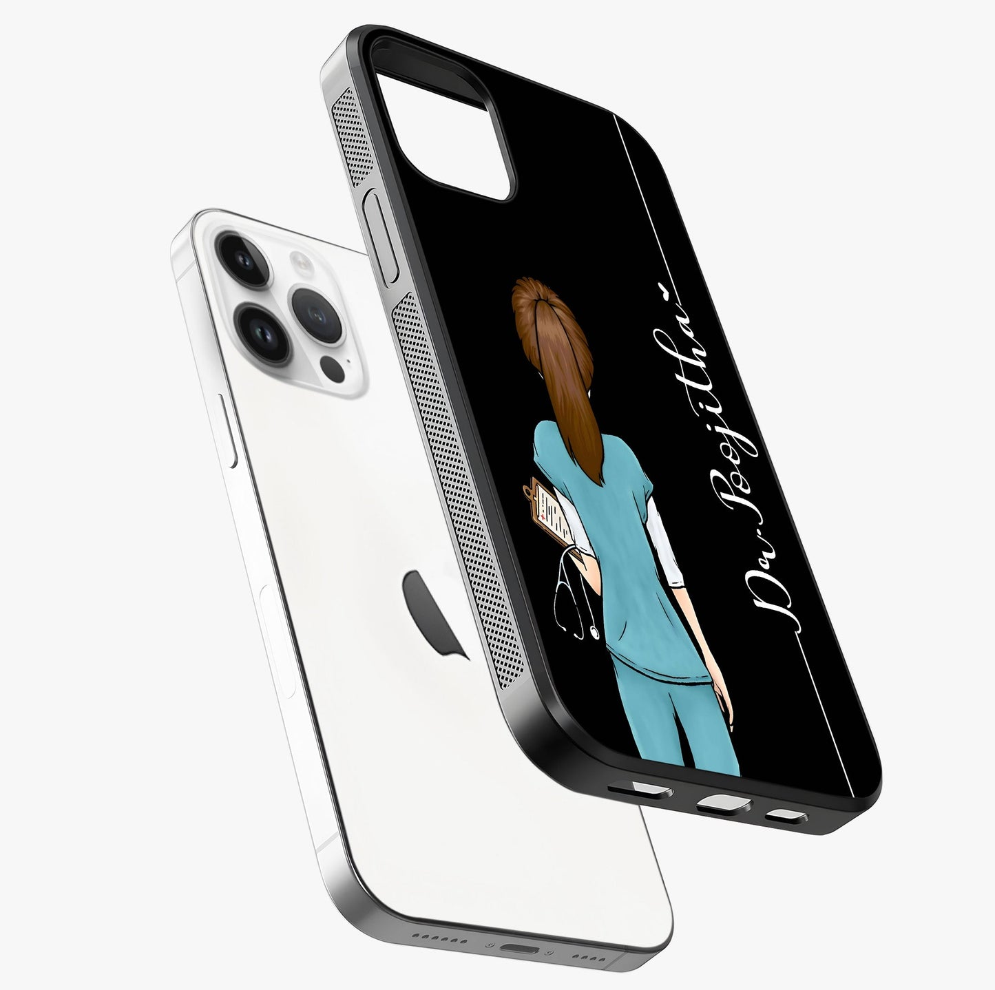 Doctor Pattern Custom Name Glass Case laid diagonally highlighting side profile, edges and glossy glass shine.