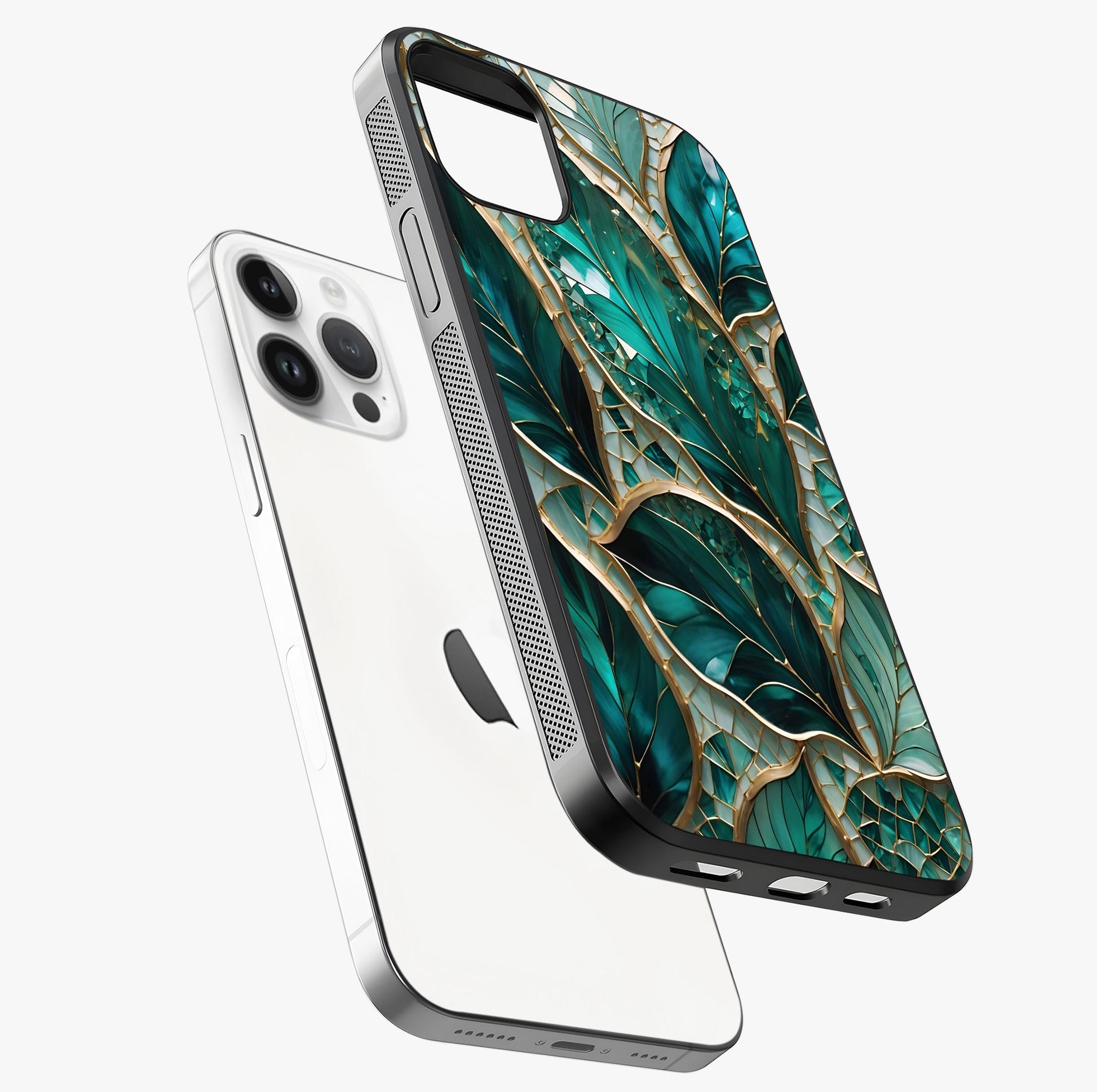 Emerald Leaf Glass Glass Case laid diagonally highlighting side profile, edges and glossy glass shine.