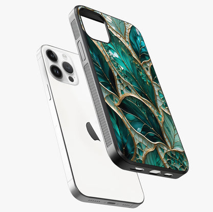 Emerald Leaf Glass Glass Case laid diagonally highlighting side profile, edges and glossy glass shine.