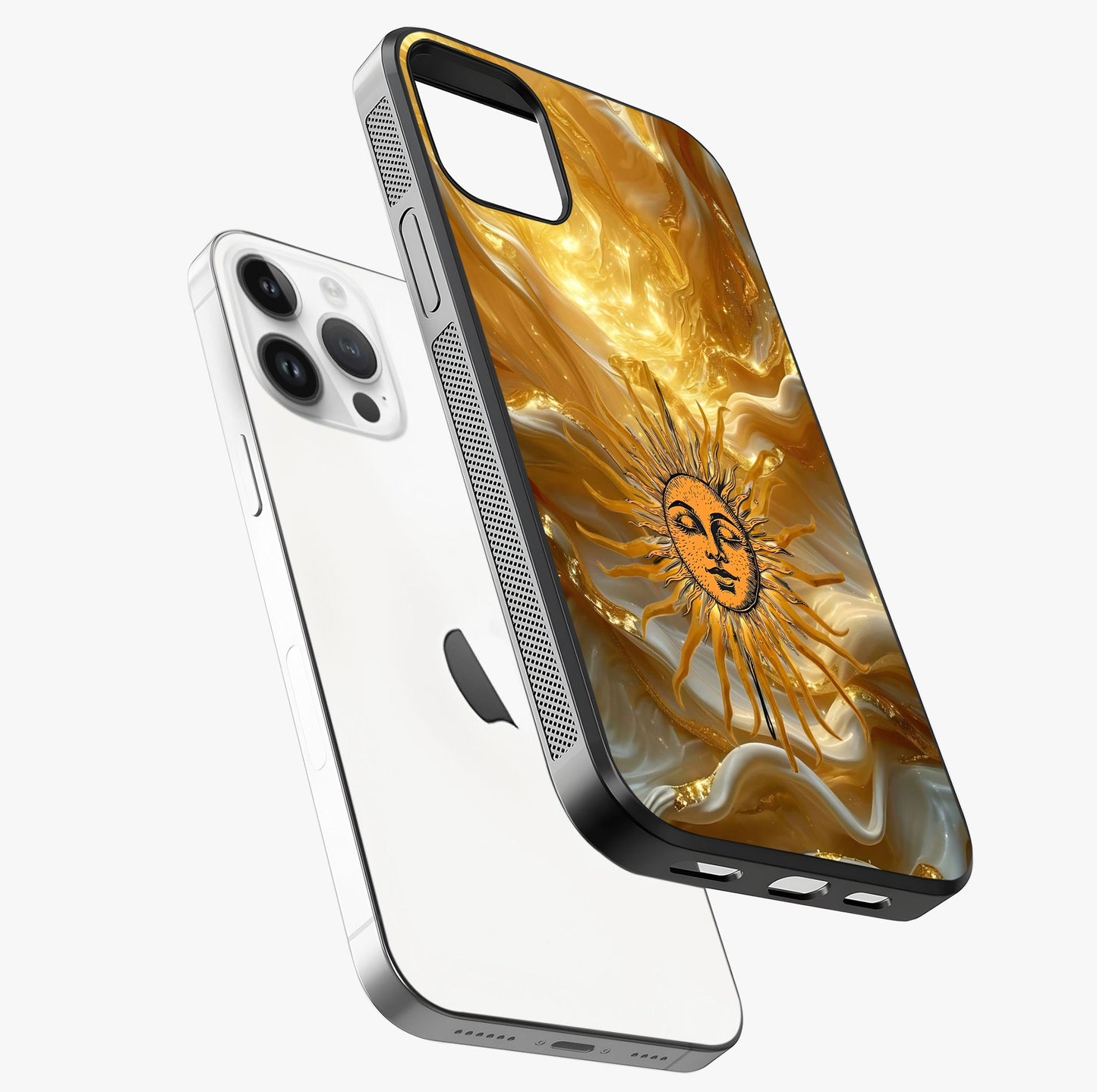 Eternal Golden Glow Glass Case laid diagonally highlighting side profile, edges and glossy glass shine.