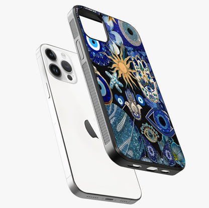 Evil Eye Charm Mix Glass Case laid diagonally highlighting side profile, edges and glossy glass shine.