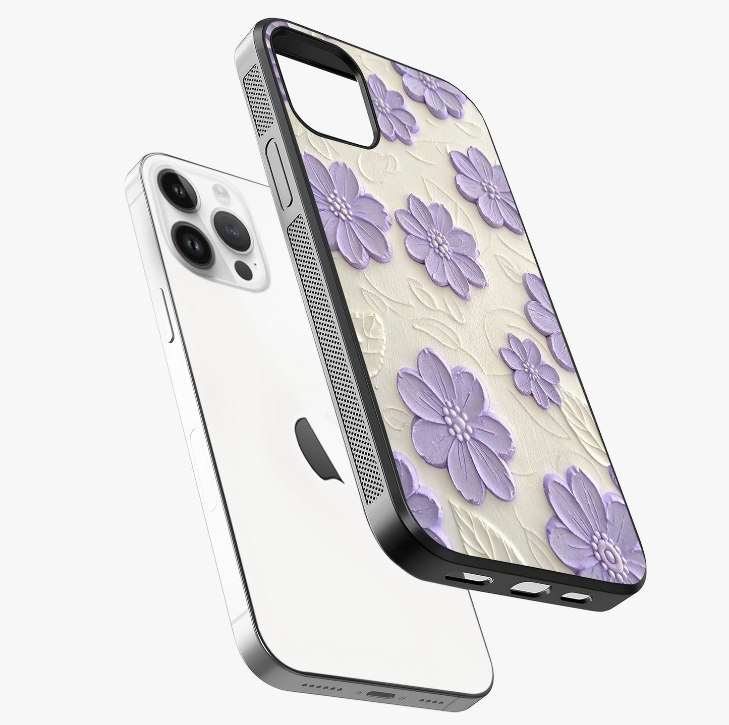 Floral Wall Art With Purple Flowers Glass Case laid diagonally highlighting side profile, edges and glossy glass shine.