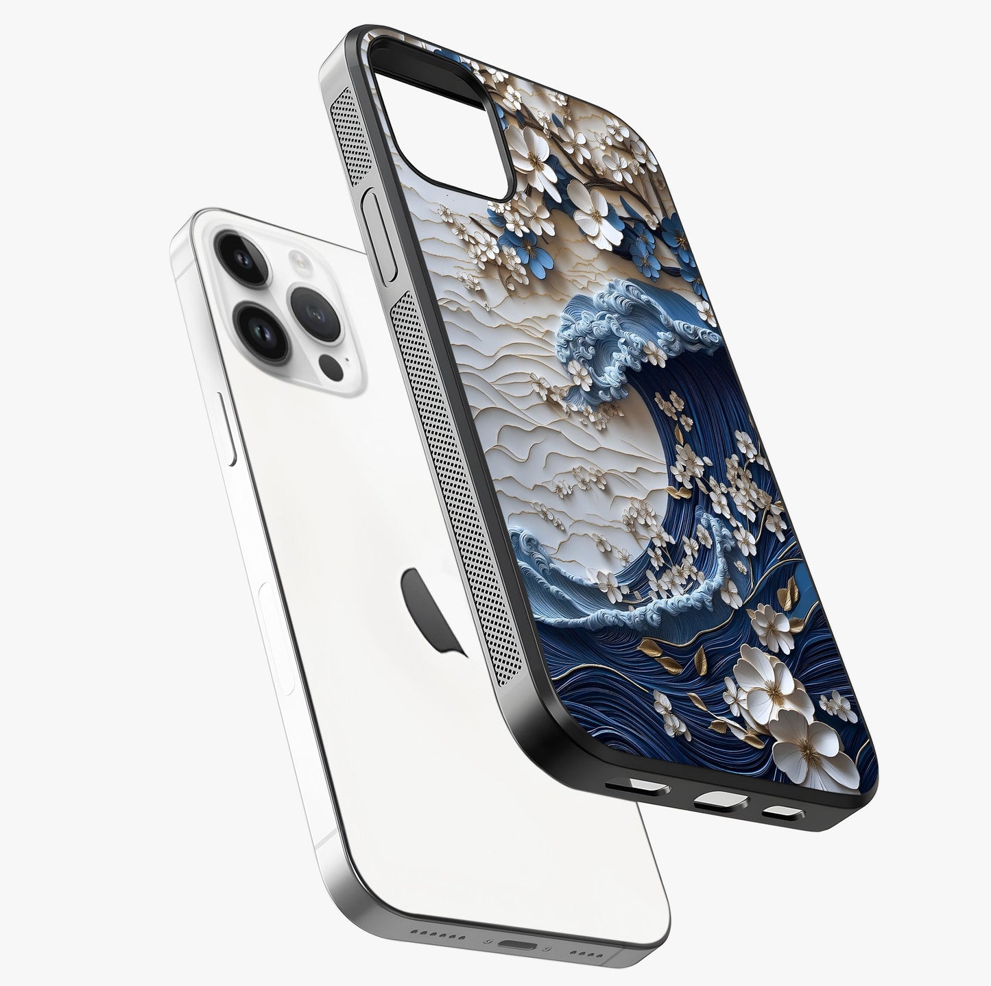 Floral Wave Origami Glass Case laid diagonally highlighting side profile, edges and glossy glass shine.