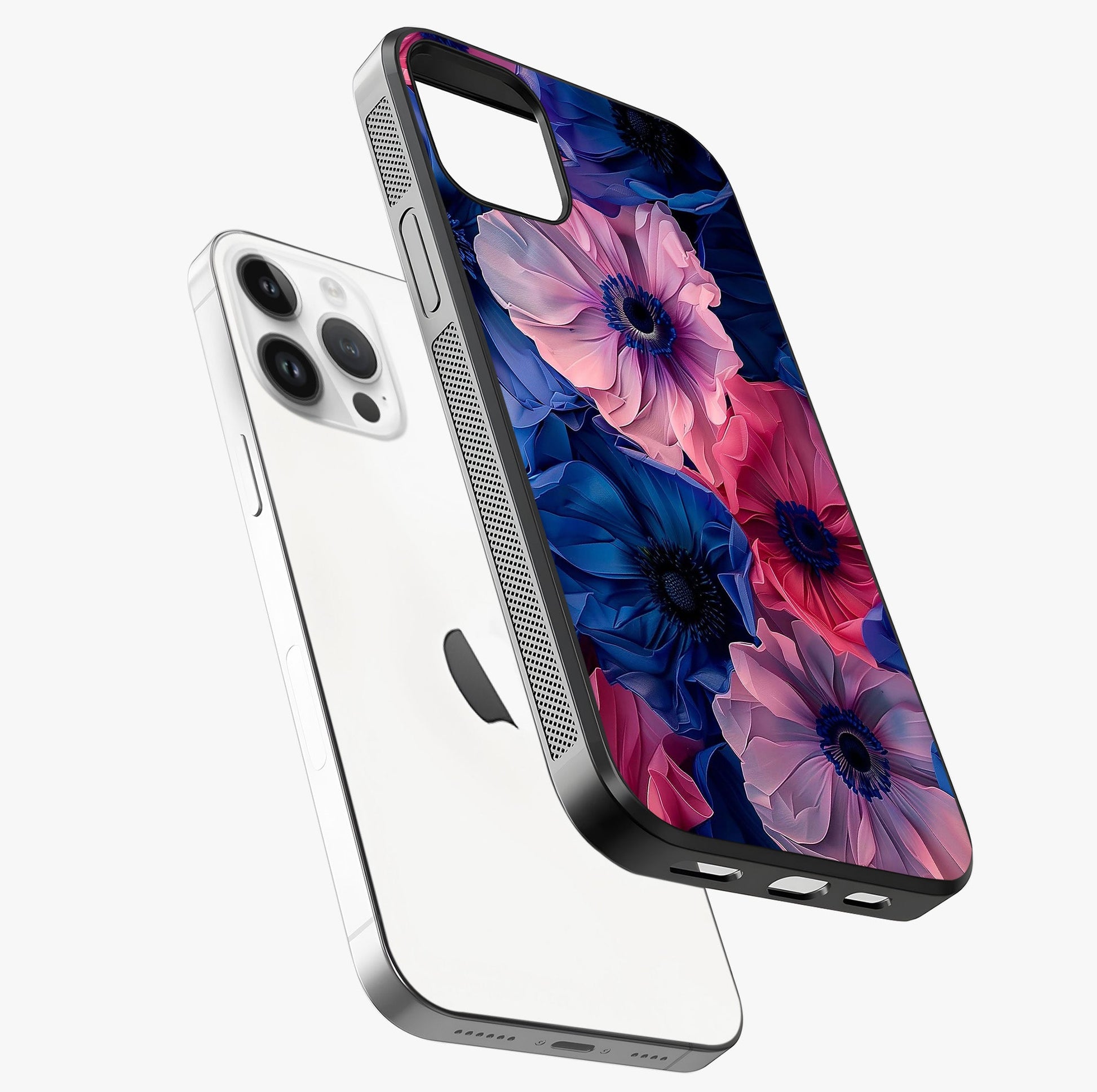 Flower Paper Art Pattern Glass Case laid diagonally highlighting side profile, edges and glossy glass shine.