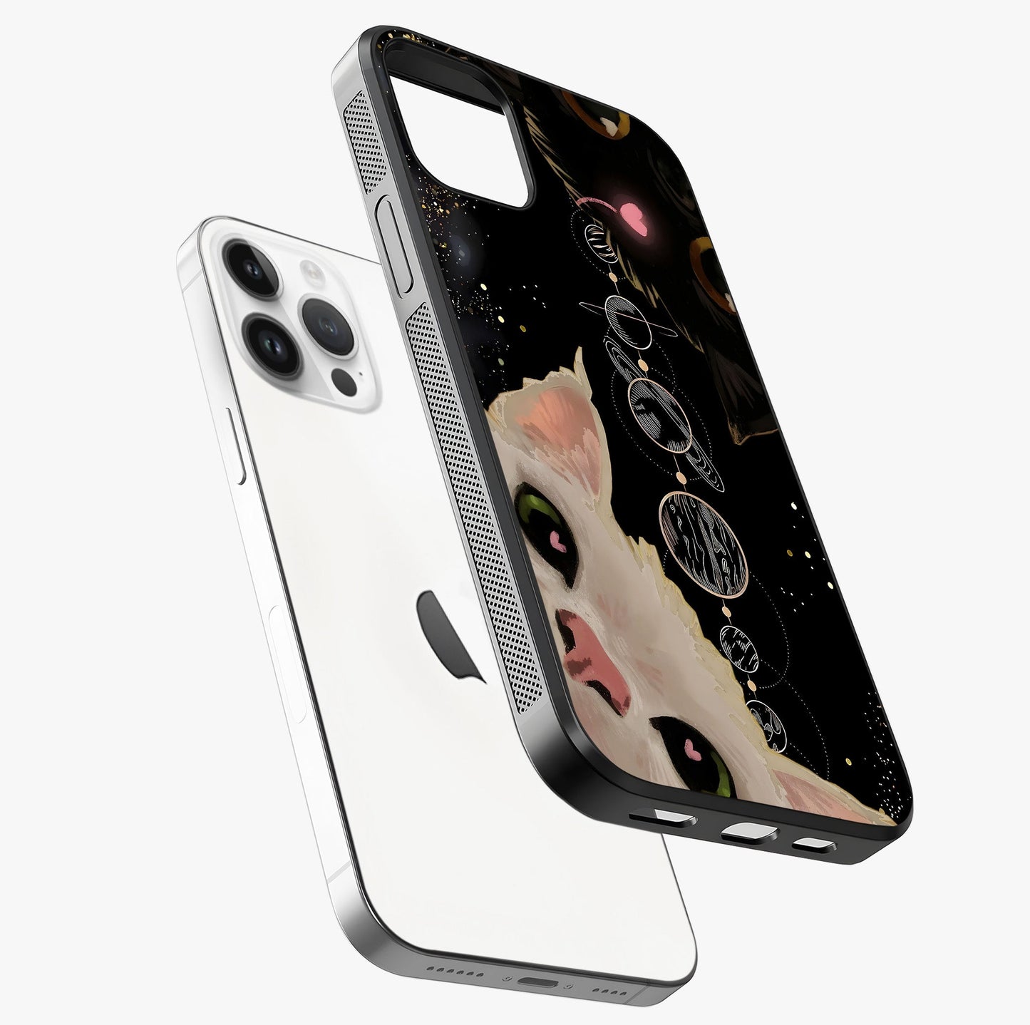 Galactic Cat Glass Case laid diagonally highlighting side profile, edges and glossy glass shine.