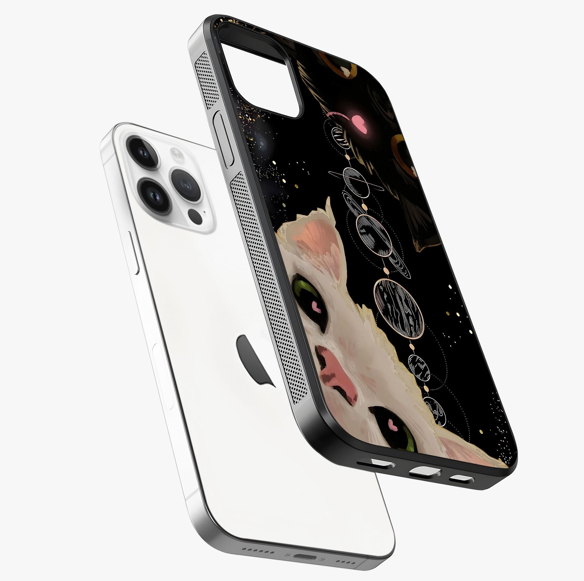 Galactic Cat Glass Case laid diagonally highlighting side profile, edges and glossy glass shine.