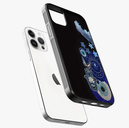 Galactic Charm Cluster Glass Case laid diagonally highlighting side profile, edges and glossy glass shine.