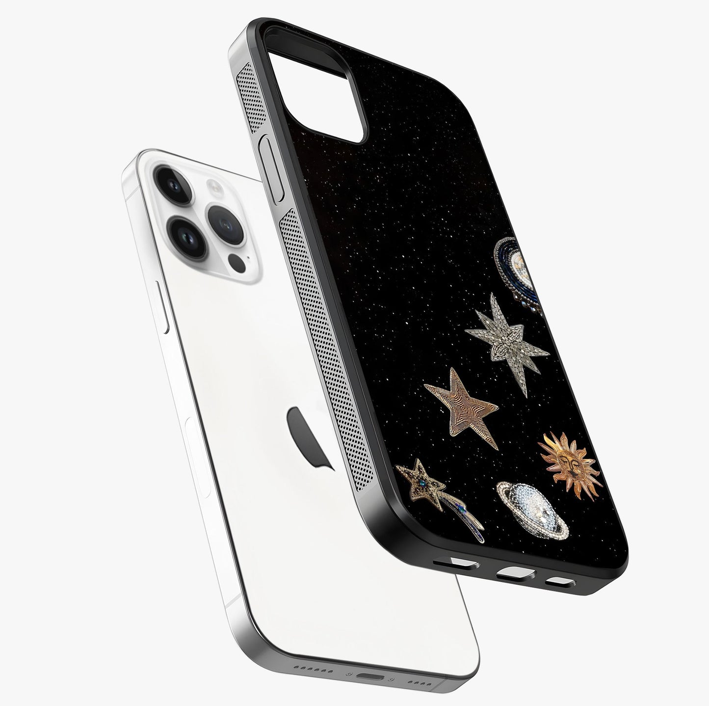 Galactic Charm Glow Glass Case laid diagonally highlighting side profile, edges and glossy glass shine.
