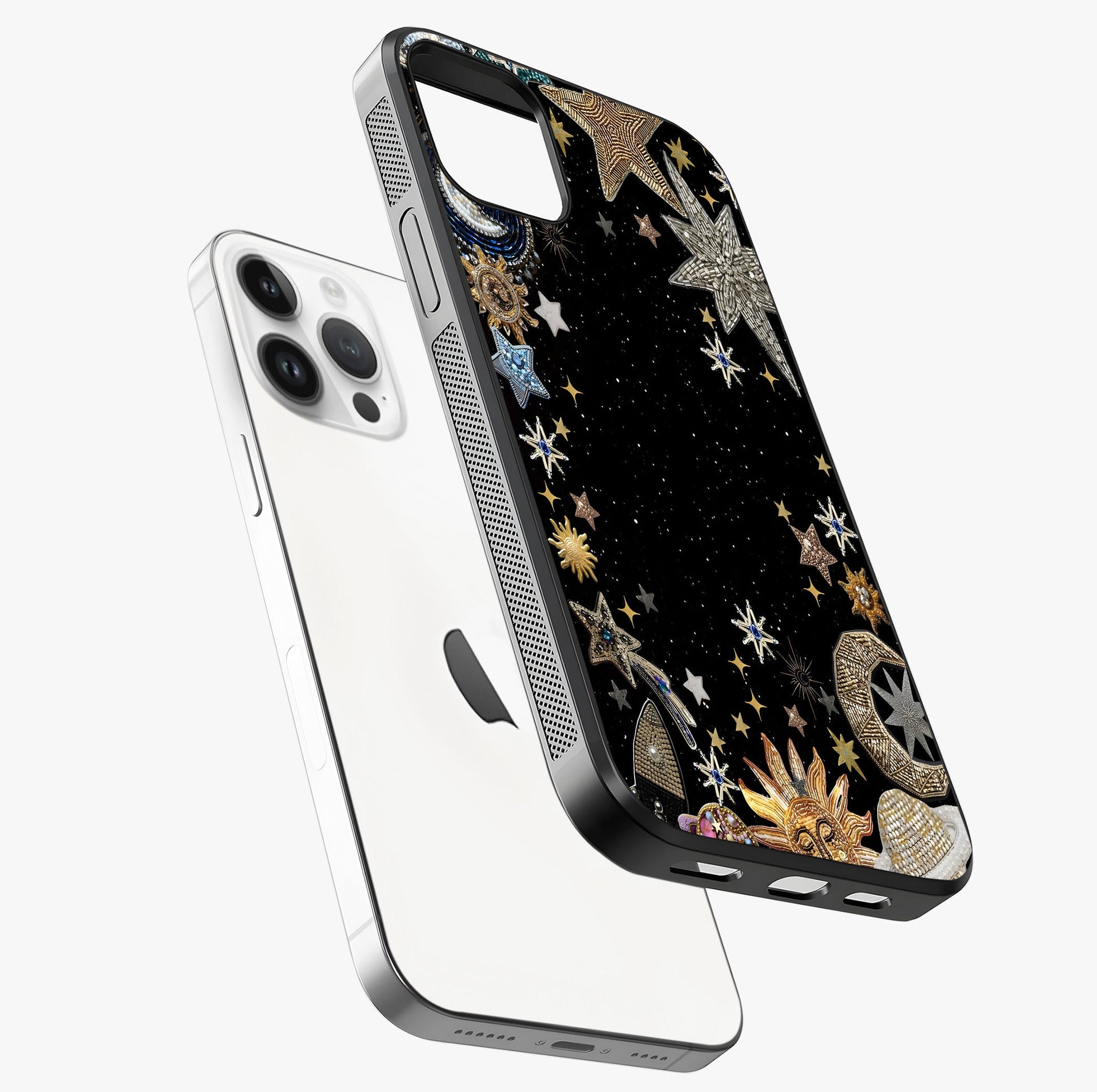 Galactic Jewel Stars Glass Case laid diagonally highlighting side profile, edges and glossy glass shine.