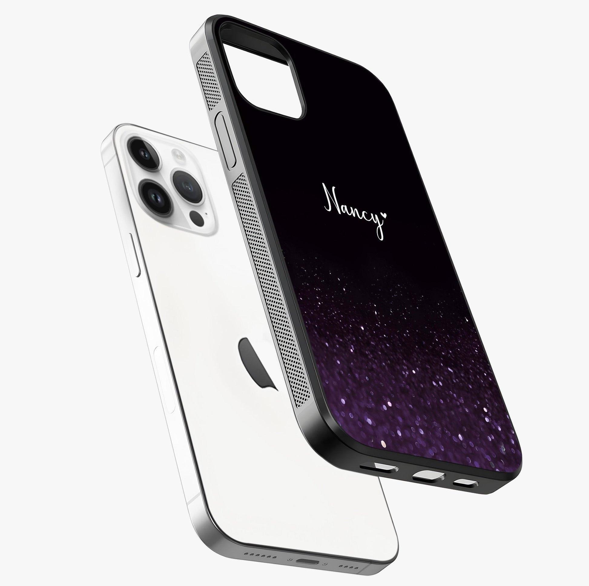 Glittery Purple Bokeh Custom Name Glass Case laid diagonally highlighting side profile, edges and glossy glass shine.