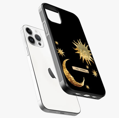 Golden Celestial Charm Glass Case laid diagonally highlighting side profile, edges and glossy glass shine.