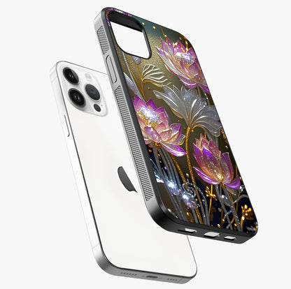 Golden Lotus Glow Glass Case laid diagonally highlighting side profile, edges and glossy glass shine.