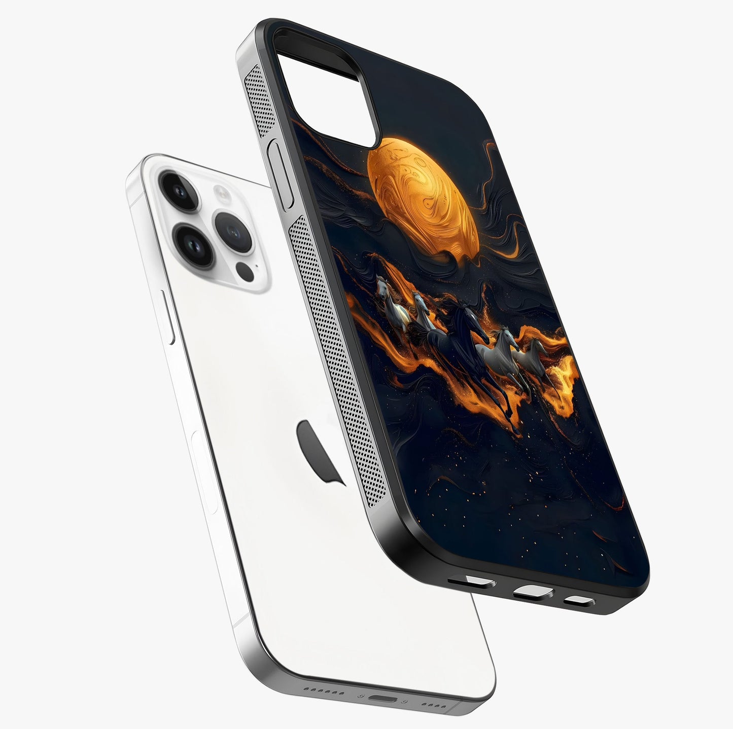 Golden Stallion Moonride Glass Case laid diagonally highlighting side profile, edges and glossy glass shine.