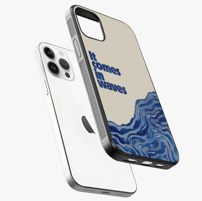 It Comes In Waves Quote Glass Case laid diagonally highlighting side profile, edges and glossy glass shine.