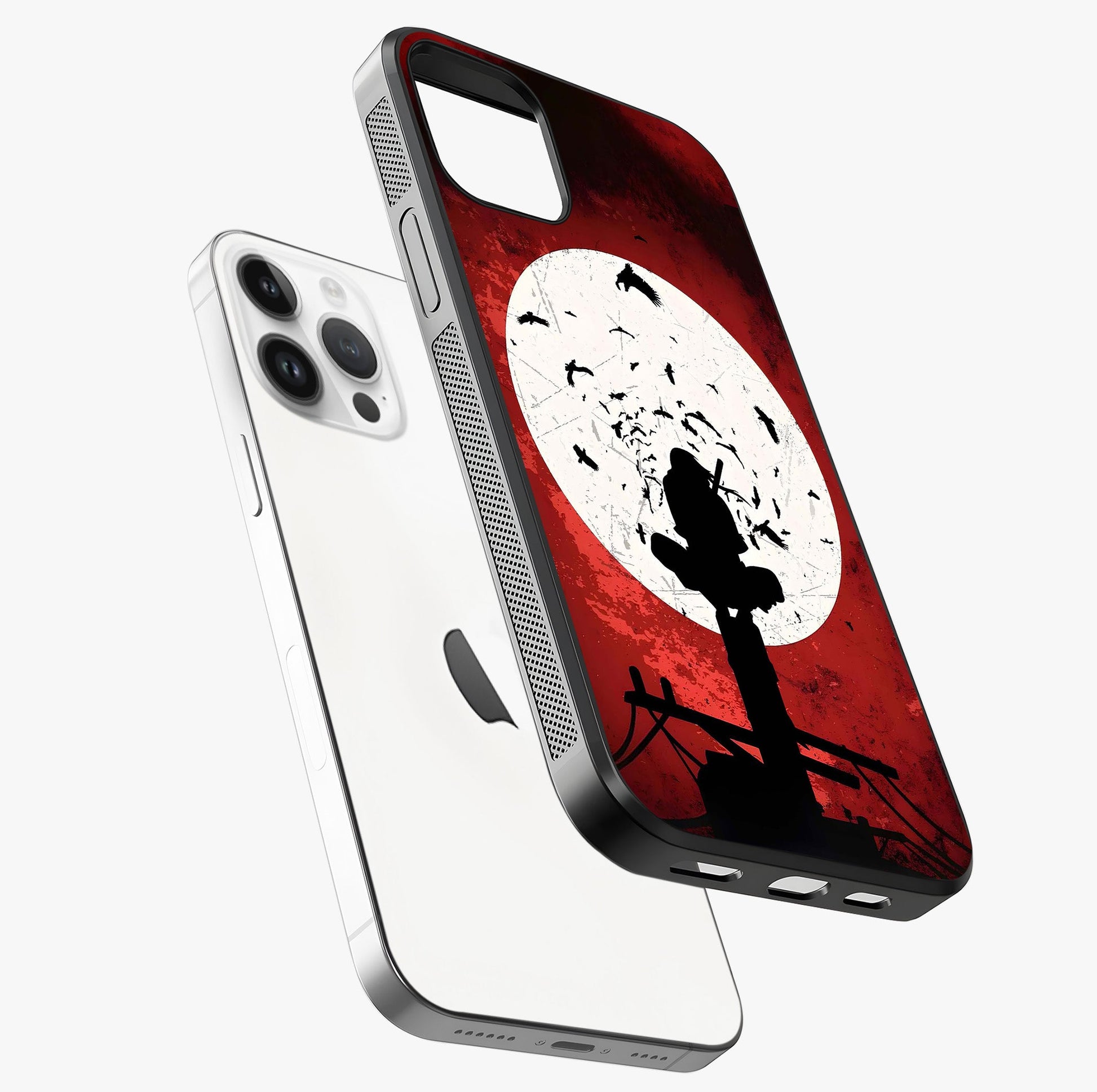 Itachi Limited Edition Naruto Anime Glass Case laid diagonally highlighting side profile, edges and glossy glass shine.