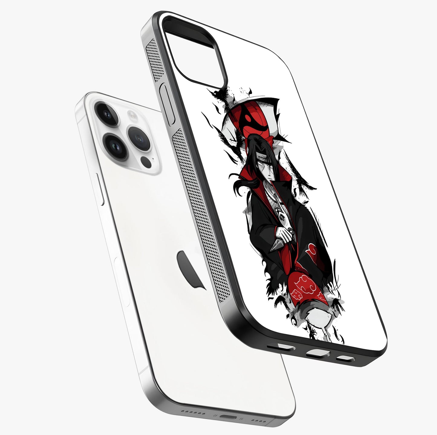 Itachi Sharingan Glass Case laid diagonally highlighting side profile, edges and glossy glass shine.