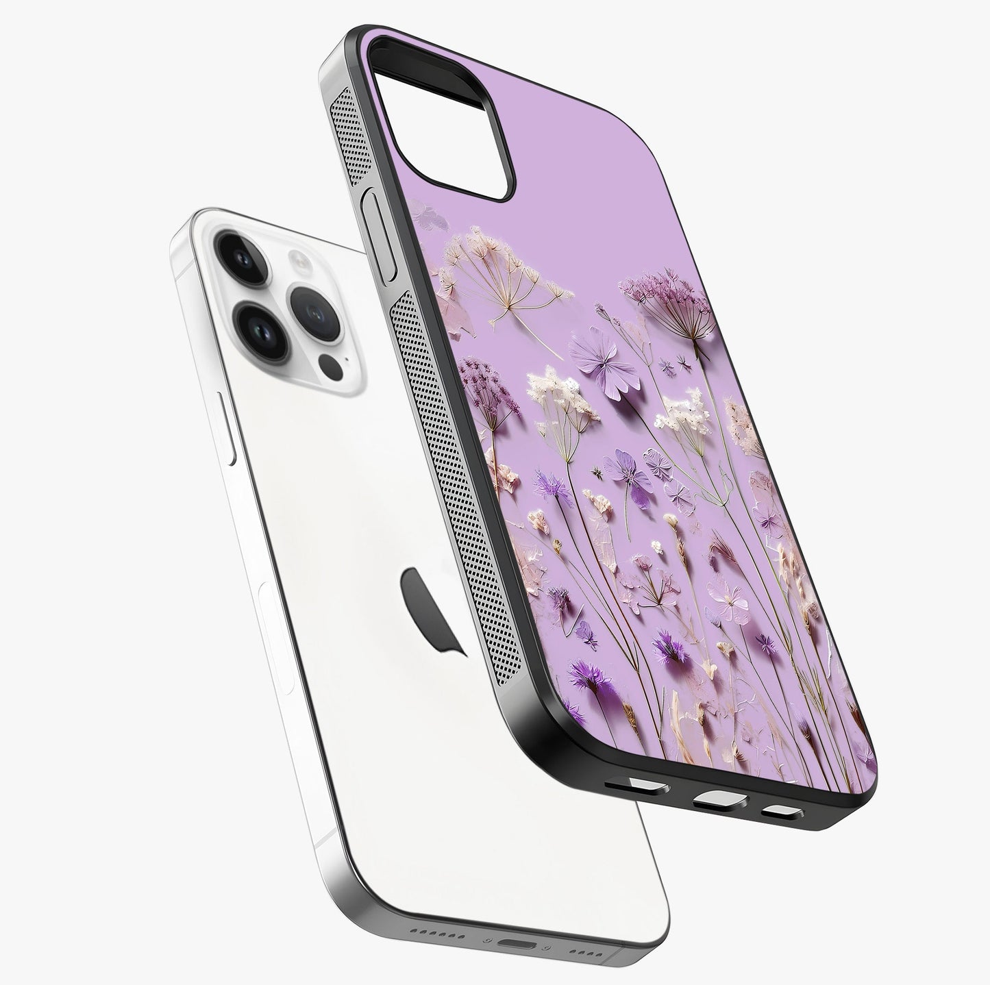 Lavender Blossom Dream Glass Case laid diagonally highlighting side profile, edges and glossy glass shine.