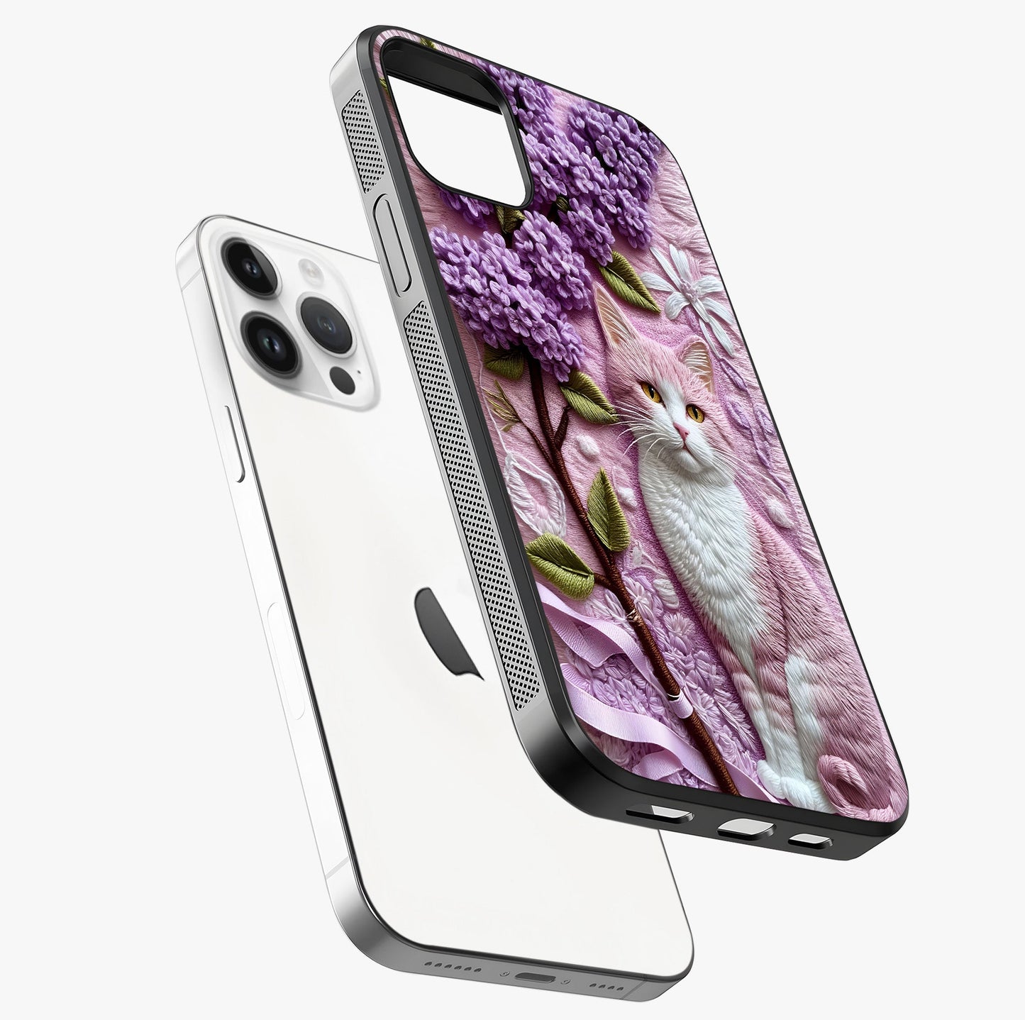 Lavender Cat Whimsy Glass Case laid diagonally highlighting side profile, edges and glossy glass shine.