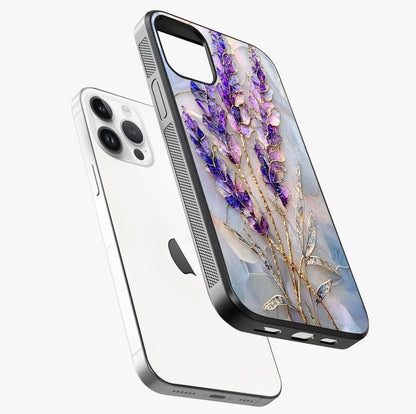 Lavender Dream Glow Glass Case laid diagonally highlighting side profile, edges and glossy glass shine.