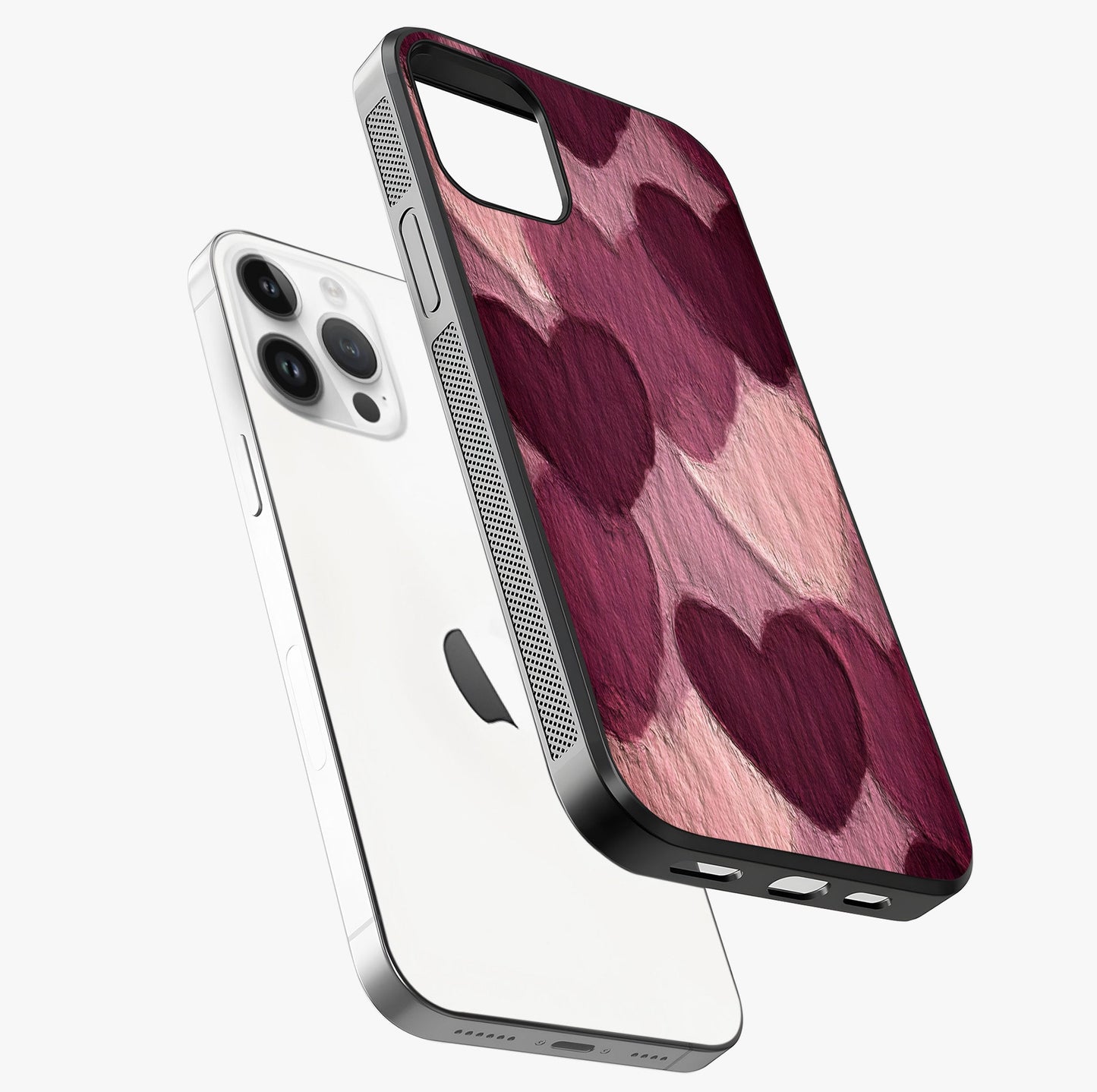 Layered Paper Hearts Glass Case laid diagonally highlighting side profile, edges and glossy glass shine.