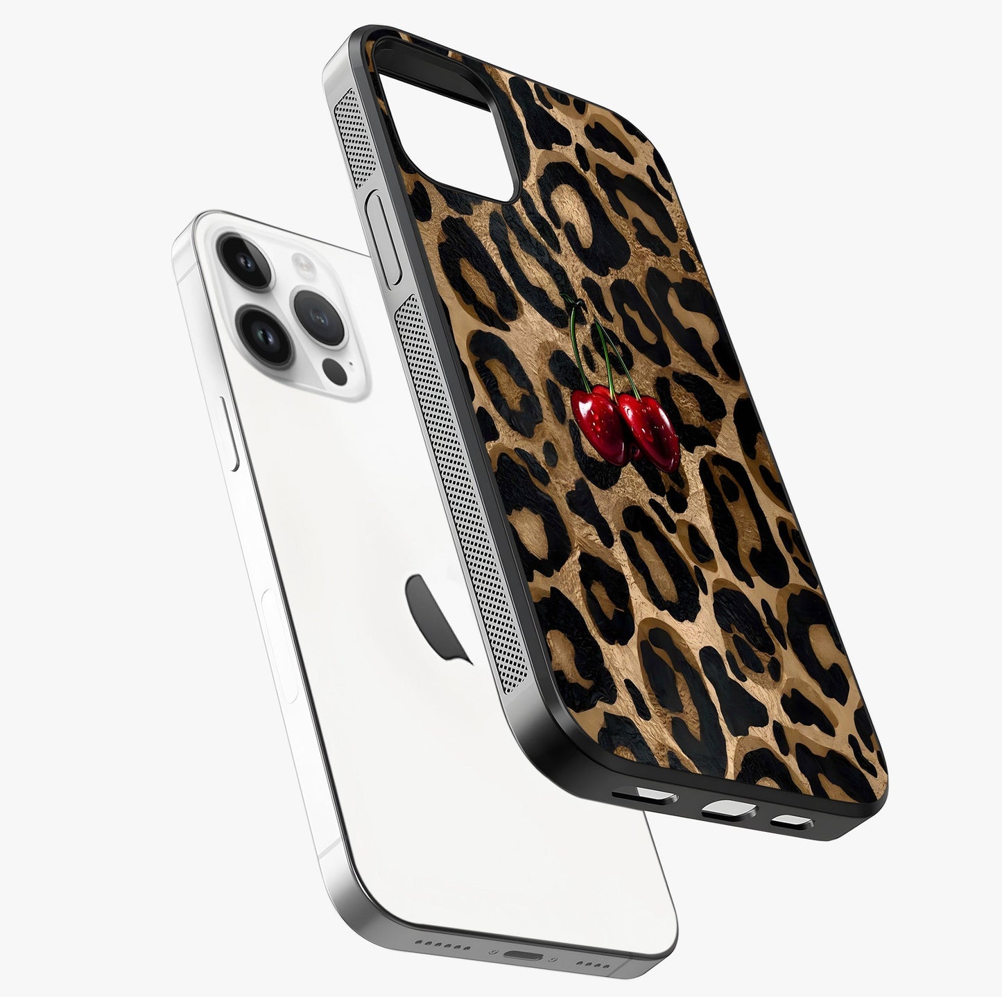 Leopard Wild Cherry Glass Case laid diagonally highlighting side profile, edges and glossy glass shine.