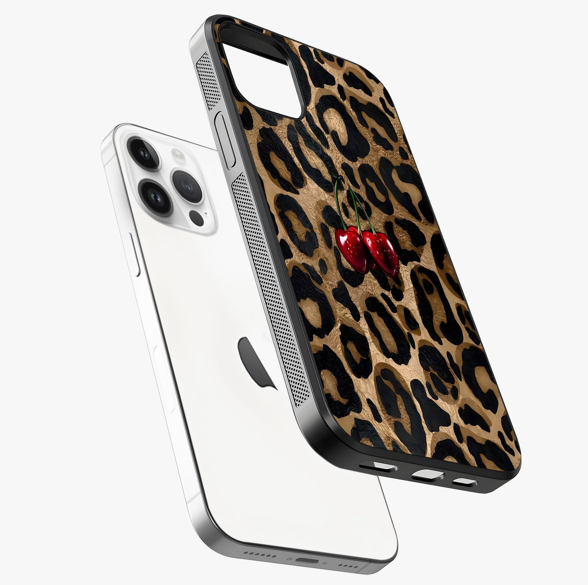 Leopard Wild Cherry Glass Case laid diagonally highlighting side profile, edges and glossy glass shine.